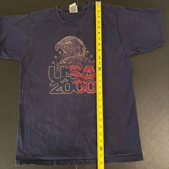 Y2K 2000 USA Eagle Graphic Tee Fruit of the Loom M Navy Blue Vintage Grunge Tee - Picture 5 of 7